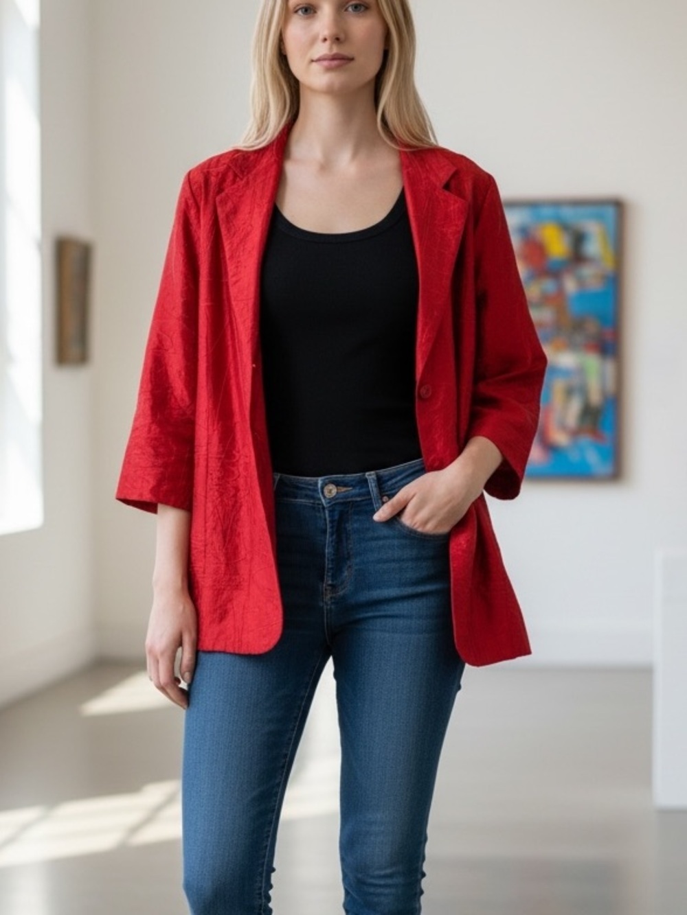 REdO  100% Silk Red Embroidered Jacket Art-To-Wear Holiday Statement Coat 1/S